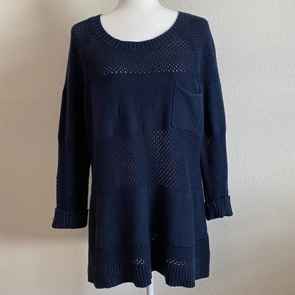 𝅺white + Warren Navy Blue Stripe Closed Open Knit Cotton Sweater Tunic Large - Picture 1 of 6